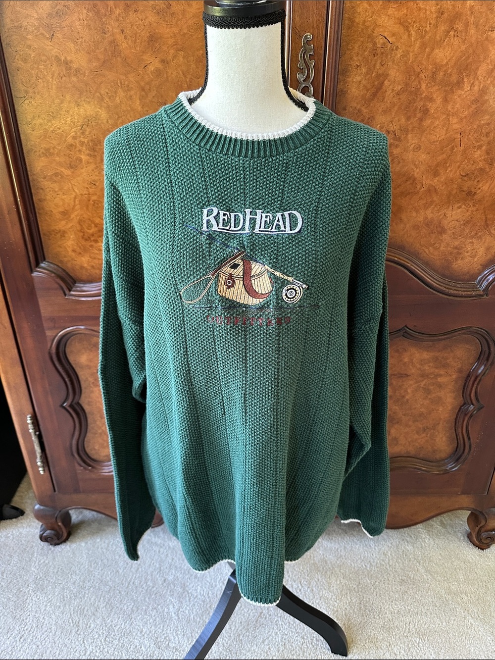 RedHead Vintage Knit Crewneck Sweater with Fishing Embroidery